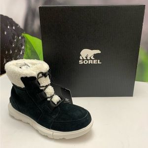 New!! Sorel Explorer II Carnival WP Boot/ Black, Sea Salt Size 7.5